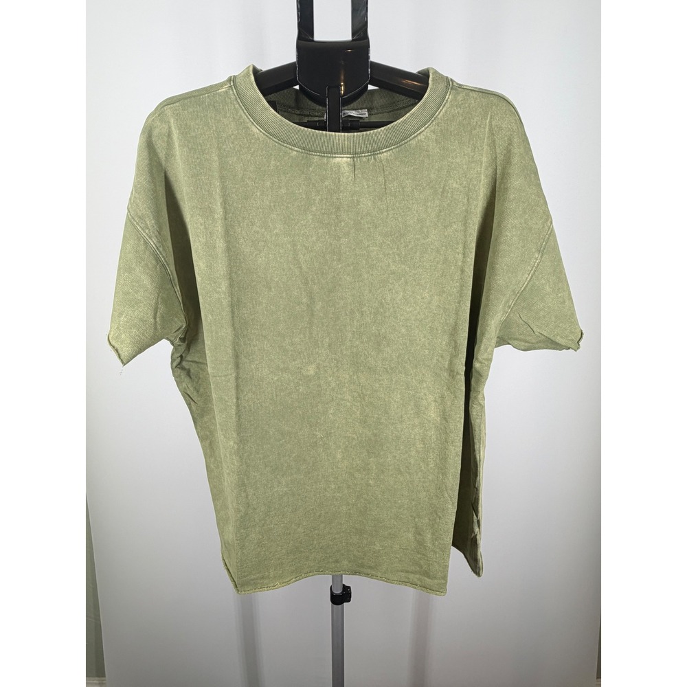 Zenana Mineral Wash Olive Green Cotton French Terry Top L/XL